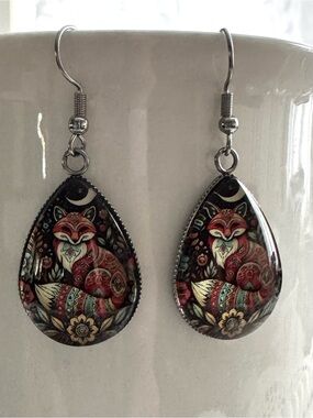 Handcrafted Red Fox Teardrop Earrings  Artisan Jewelry  teardrop pendent 1”